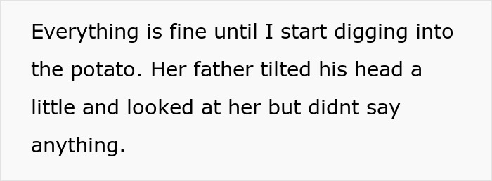 Text excerpt about a guy eating a baked potato the way he likes it, causing confusion with fiancée’s mother.