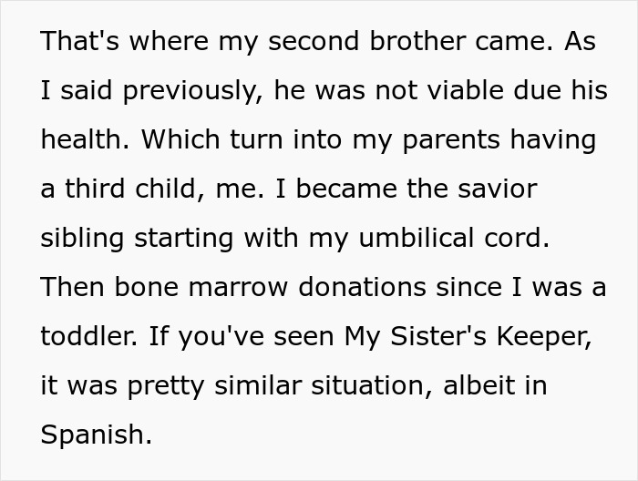 Woman conceived as spare parts for brother donates umbilical cord and bone marrow, ending a lifetime of sacrifice. Woman conceived as spare parts for brother donates umbilical cord and bone marrow, ending a lifetime of sacrifice.