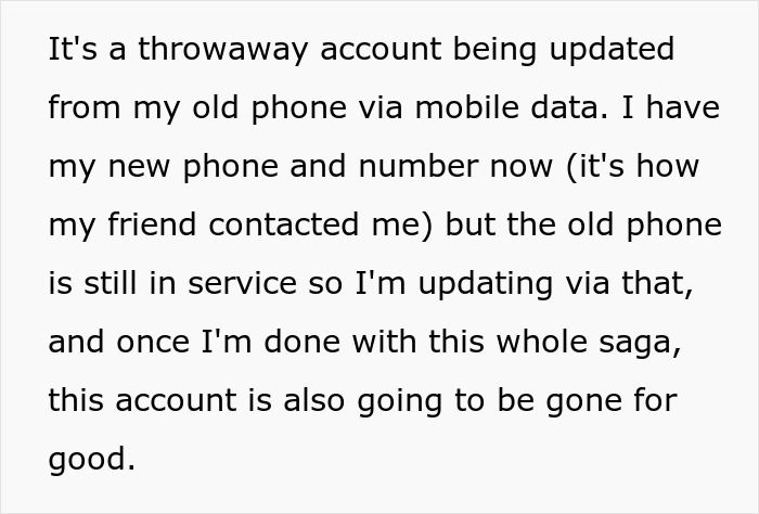 Text message about using a throwaway account on an old phone to update status before deleting the account for good. Text message about using a throwaway account on an old phone to update status before deleting the account for good.