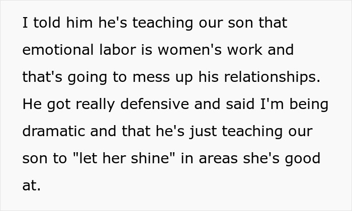 Text excerpt discussing a dad giving his teen son dating advice with outdated emotional labor views. Text excerpt discussing a dad giving his teen son dating advice with outdated emotional labor views.