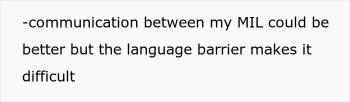 Text screenshot showing a comment about communication difficulties with mother-in-law due to a language barrier. Text screenshot showing a comment about communication difficulties with mother-in-law due to a language barrier.
