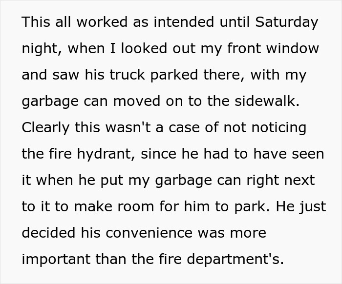 Text describing a rude guy blocking a fire hydrant and driveway, ignoring convenience over fire safety concerns. Text describing a rude guy blocking a fire hydrant and driveway, ignoring convenience over fire safety concerns.