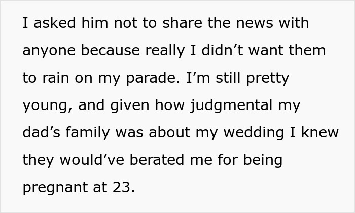 Text explaining a young new mom hiding her pregnancy from her religious family due to fear of judgment and criticism.