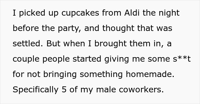 Text describing office potluck store bought dessert drama with coworkers reacting to store-bought cupcakes versus homemade. Text describing office potluck store bought dessert drama with coworkers reacting to store-bought cupcakes versus homemade.