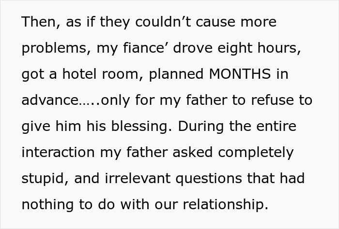 Text excerpt describing bride&rsquo;s parents causing problems and refusal to give blessing before wedding.