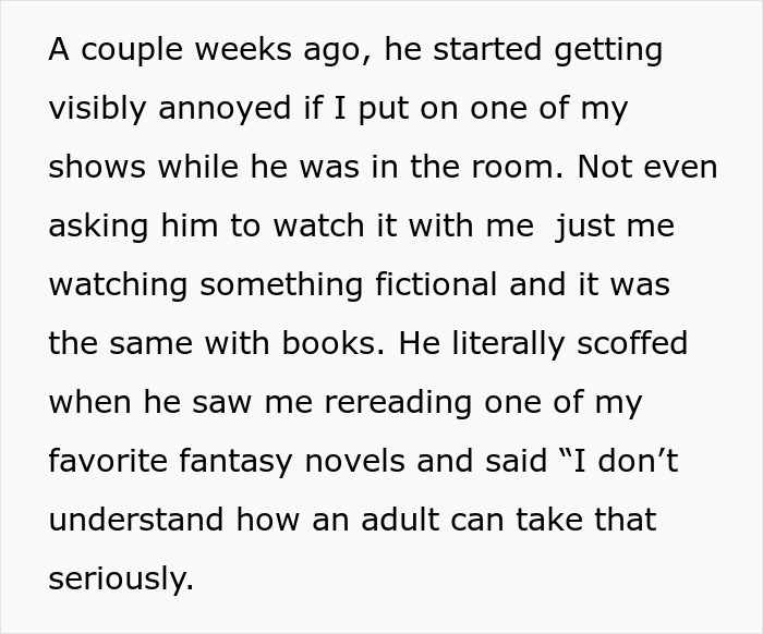 Text showing a man shaming his girlfriend for loving fiction and calling it make-believe that lowers her IQ. Text showing a man shaming his girlfriend for loving fiction and calling it make-believe that lowers her IQ.