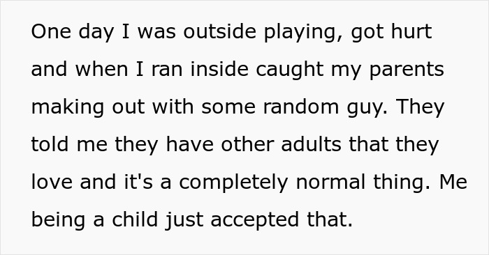 Child recalls trauma after parents favor polyamorous partners, revealing the impact of parental choices on their emotional wellbeing. Child recalls trauma after parents favor polyamorous partners, revealing the impact of parental choices on their emotional wellbeing.