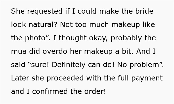 Text showing a client asking an artist to make the bride look natural with less makeup in a wedding illustration order.