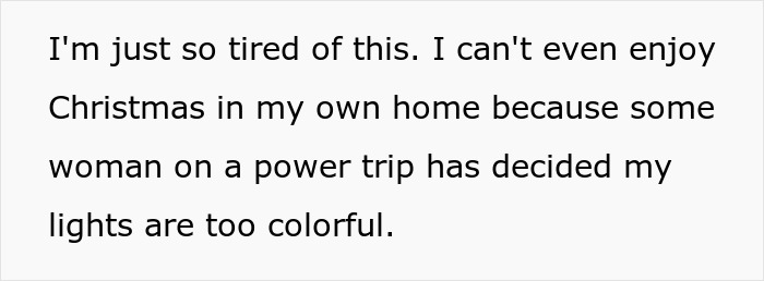 Alt text: Woman expressing frustration after HOA fines for too festive Christmas decorations and colorful holiday lights