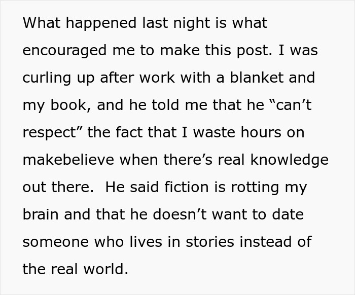 Text post about a man shaming his girlfriend for loving fiction and calling it make-believe lowering her IQ.