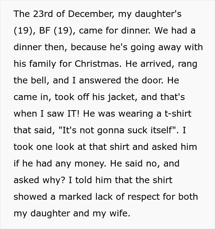 Man wearing inappropriate shirt at dinner with girlfriend’s parents, father visibly upset by the disrespectful clothing choice. Man wearing inappropriate shirt at dinner with girlfriend’s parents, father visibly upset by the disrespectful clothing choice.
