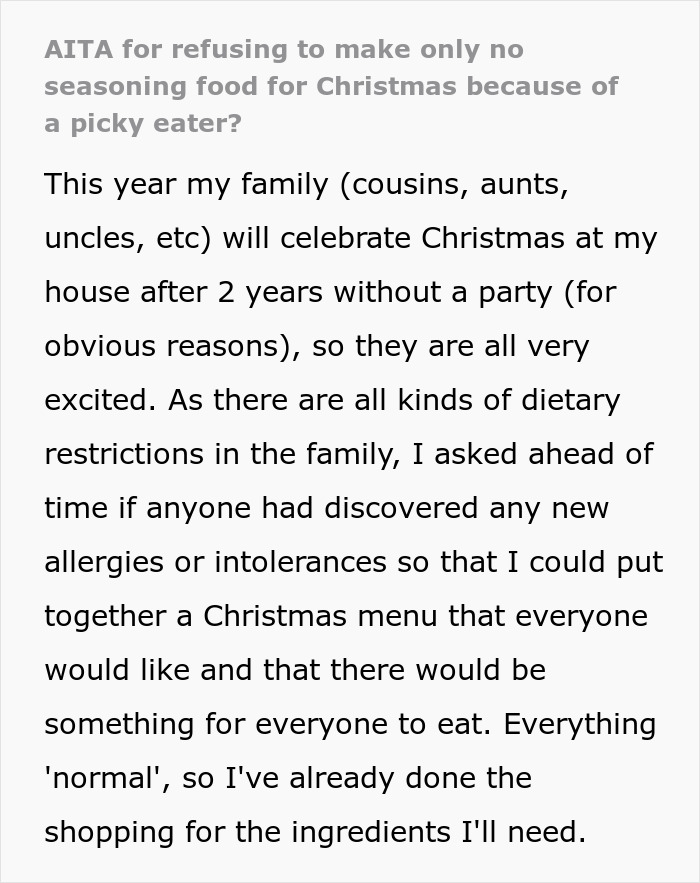 Text excerpt discussing family Christmas menu planning challenged by a picky eater demanding changes to accommodate preferences. Text excerpt discussing family Christmas menu planning challenged by a picky eater demanding changes to accommodate preferences.
