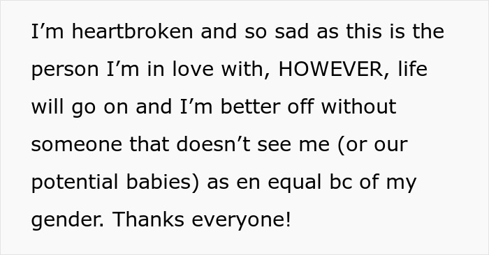 Screenshot of a heartfelt breakup message about being heartbroken after partner only wants boys and rejects future kids by gender. Screenshot of a heartfelt breakup message about being heartbroken after partner only wants boys and rejects future kids by gender.