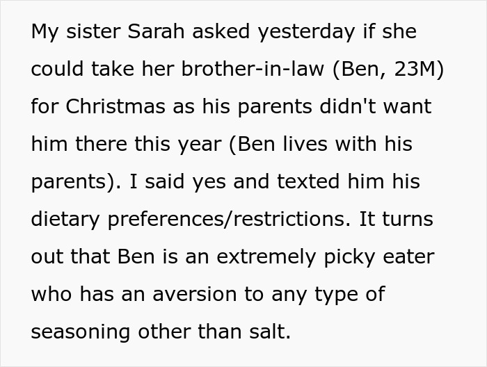 Text discussing a picky eater’s dietary restrictions causing Christmas menu changes requested from brother’s in-laws. Text discussing a picky eater’s dietary restrictions causing Christmas menu changes requested from brother’s in-laws.