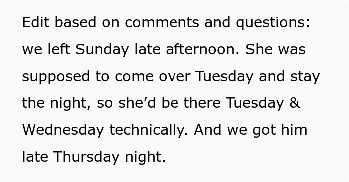 Text showing an explanation about a friend’s stay schedule during bunny care and a late Thursday night return.