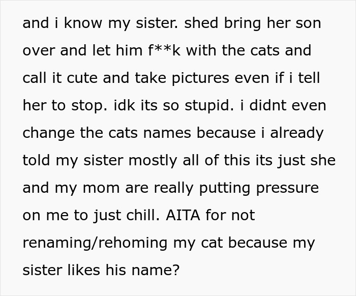 Text discussing sister demanding family rehomes or renames 11-year-old cat due to shared name with her son. Text discussing sister demanding family rehomes or renames 11-year-old cat due to shared name with her son.