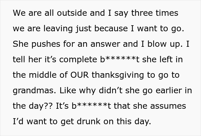 Text showing a woman feeling like she ruined Thanksgiving after blowing up at family for leaving dinner early.