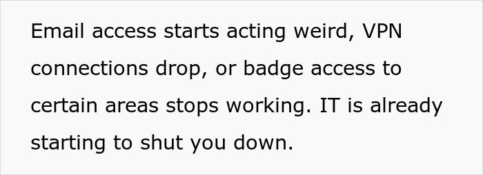 Warning signs of job insecurity shown by IT restricting email, VPN, and badge access, indicating subtle red flags at work. Warning signs of job insecurity shown by IT restricting email, VPN, and badge access, indicating subtle red flags at work.