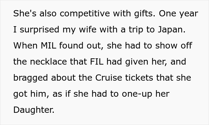 Text describing a competitive grandma turning Christmas gift-giving into a weird competition with Santa and family blocking her gifts. Text describing a competitive grandma turning Christmas gift-giving into a weird competition with Santa and family blocking her gifts.