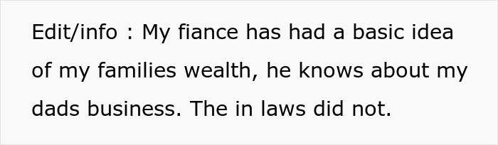 Text excerpt about future in-laws demanding a prenup before learning about wealthy family background. Text excerpt about future in-laws demanding a prenup before learning about wealthy family background.