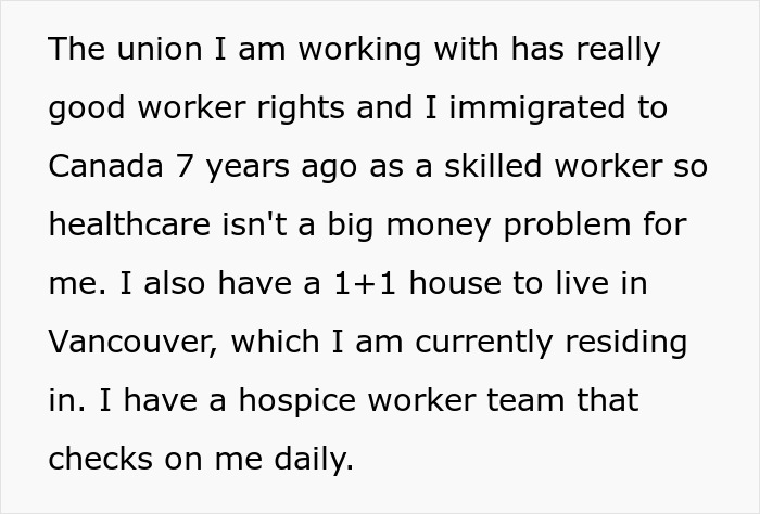 Text about a union worker in Canada discussing healthcare, housing, and daily hospice worker care. Text about a union worker in Canada discussing healthcare, housing, and daily hospice worker care.