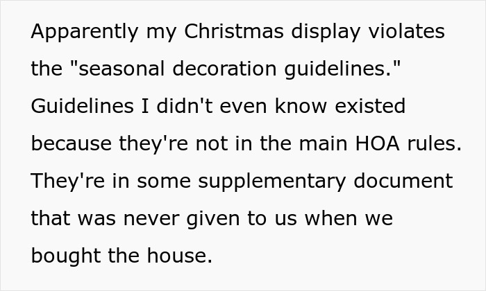 Text about Christmas display violating HOA seasonal decoration guidelines not included in main HOA rules or documents.