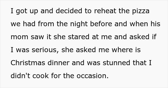 Woman reheats pizza leftovers for MIL who shows up unannounced for Christmas, causing a heated reaction and confrontation.