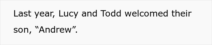 Text on a white background reads: Last year, Lucy and Todd welcomed their son, Andrew.