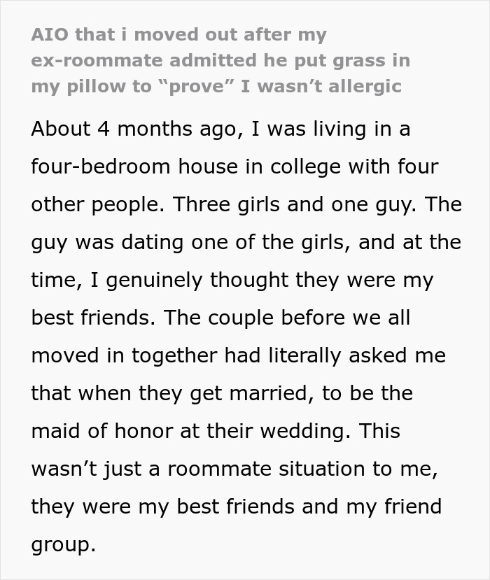 Guy tries to prove roommate is not allergic to grass by secretly putting grass in her pillow in a college house prank.