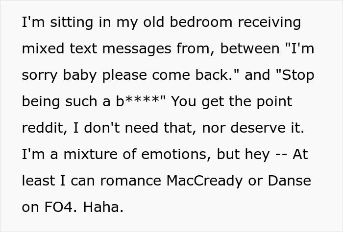 Text message screenshot showing mixed emotions while playing video games to unwind after a critical comment on ladylike behavior. Text message screenshot showing mixed emotions while playing video games to unwind after a critical comment on ladylike behavior.