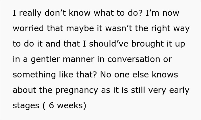Text excerpt about uncertainty and worry over how to discuss a partner&rsquo;s early pregnancy at six weeks.