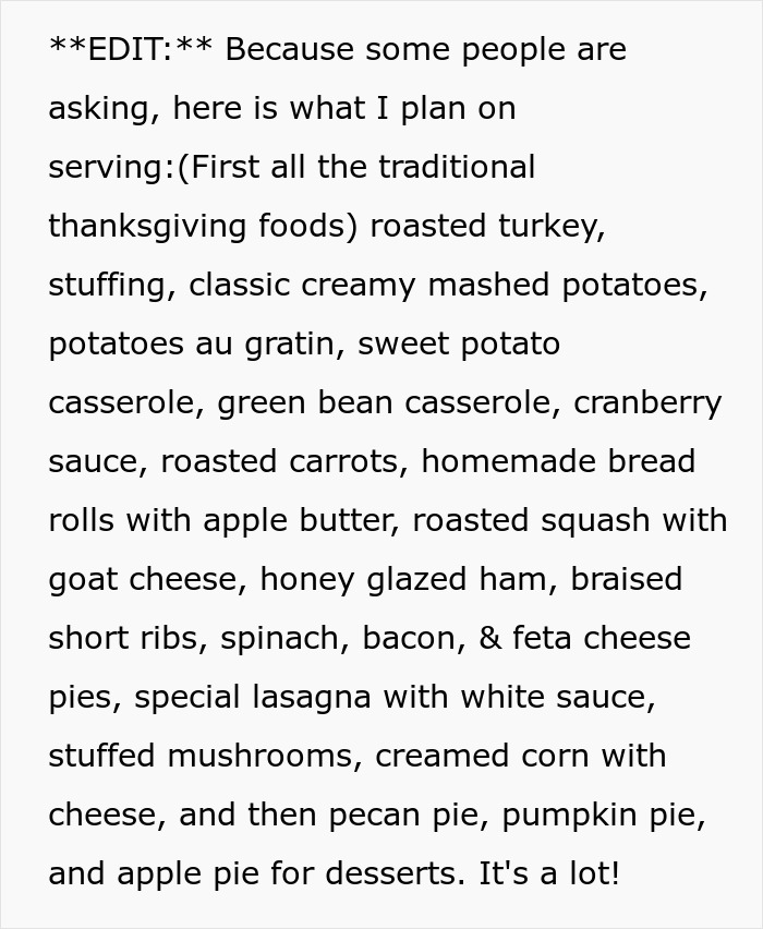 Text showing a detailed Thanksgiving dinner menu shared amid a picky-eater MIL demanding to bring her own food.
