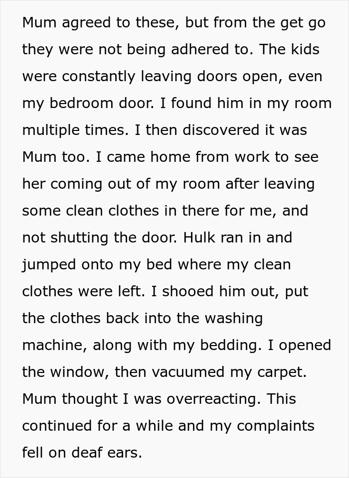 Text excerpt describing family conflicts over childcare and personal boundaries, highlighting struggles with caregiving and respect. Text excerpt describing family conflicts over childcare and personal boundaries, highlighting struggles with caregiving and respect.
