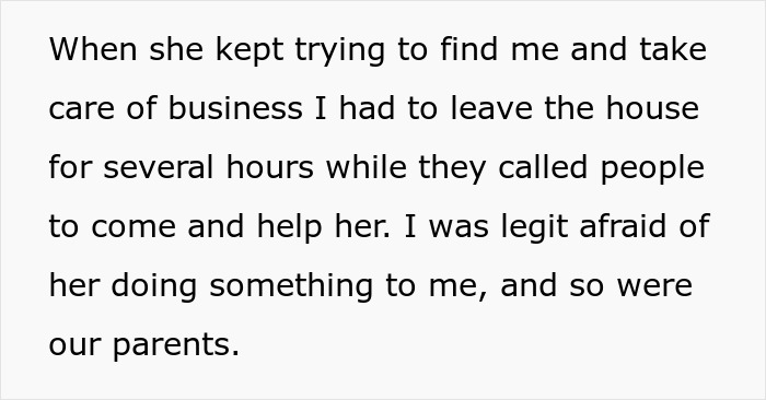 Text excerpt describing a woman threatening her sister&rsquo;s life and the parents wanting them to reunite for Christmas.