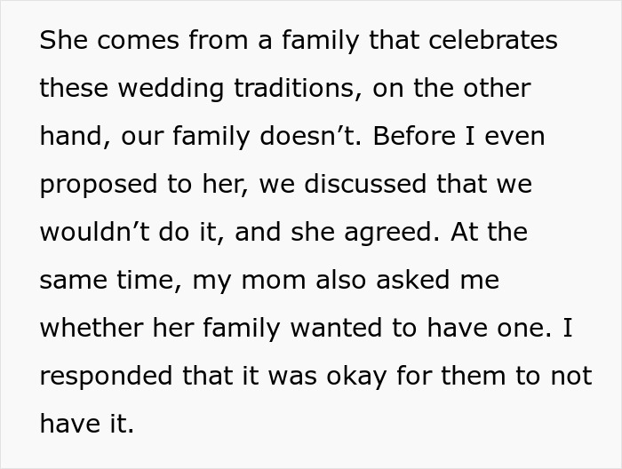 Text excerpt discussing differing family wedding traditions and agreement not to have a wedding celebration before the proposal. Text excerpt discussing differing family wedding traditions and agreement not to have a wedding celebration before the proposal.