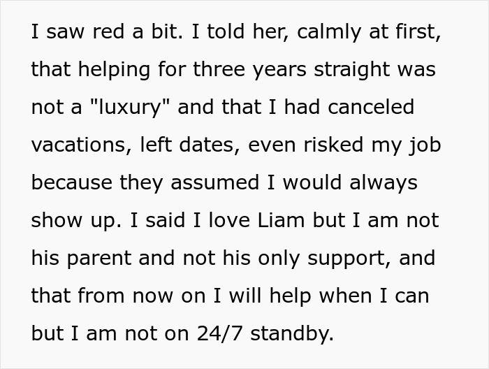 Text excerpt showing a woman’s message about caring for her autistic brother and setting boundaries with entitled parents. Text excerpt showing a woman’s message about caring for her autistic brother and setting boundaries with entitled parents.
