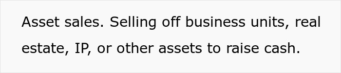 Text about asset sales as a subtle red flag that means your job is actually not safe at all.