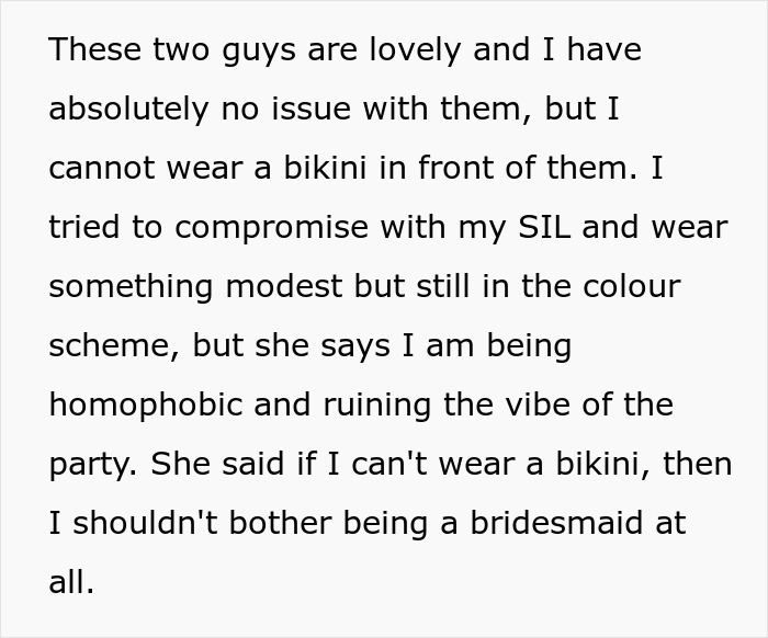 Text excerpt discussing family conflict over Muslim daughter-in-law refusing to wear bikini to bridal party. Text excerpt discussing family conflict over Muslim daughter-in-law refusing to wear bikini to bridal party.