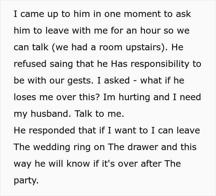 Woman detailing how her marriage fell apart within two weeks after her husband ruined their wedding party. Woman detailing how her marriage fell apart within two weeks after her husband ruined their wedding party.