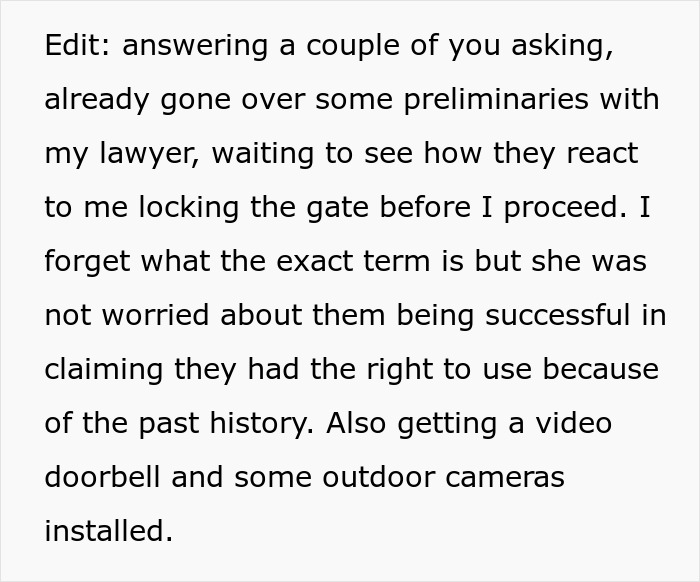 Text excerpt describing legal steps and security measures related to karen petty fence revenge, including locking gate and installing cameras. Text excerpt describing legal steps and security measures related to karen petty fence revenge, including locking gate and installing cameras.