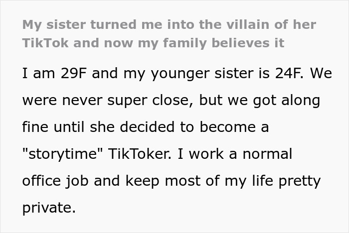 Woman angry her sister built TikTok fame by lying about her, causing family to believe false stories and creating conflict. Woman angry her sister built TikTok fame by lying about her, causing family to believe false stories and creating conflict.