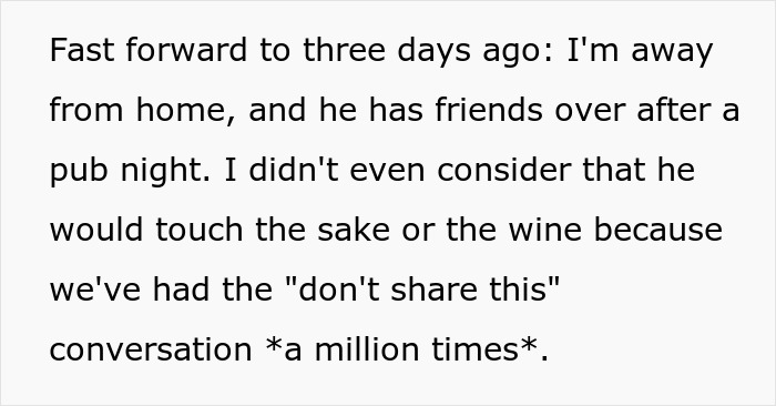 Text excerpt showing a woman upset after her husband drinks souvenir wines she brought from abroad despite earlier warnings. Text excerpt showing a woman upset after her husband drinks souvenir wines she brought from abroad despite earlier warnings.