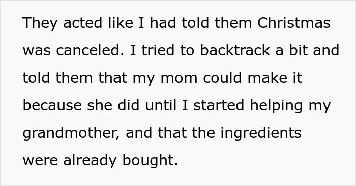 Text on screen showing a man's account of relatives gobbling up his homemade pies behind his back during Christmas.