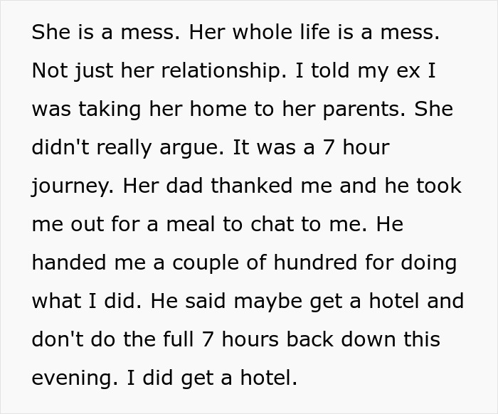 Text excerpt showing a guy going above and beyond for his ex girlfriend during a long journey home.