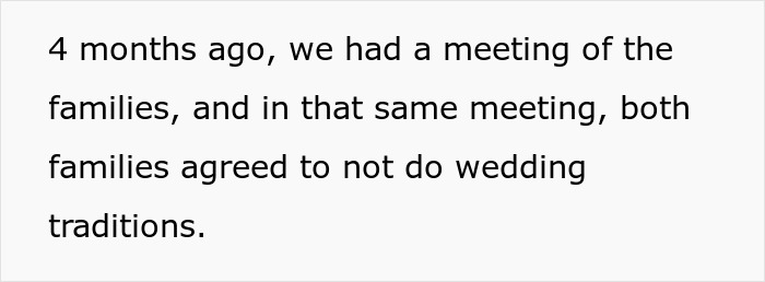 Text about families meeting and agreeing to skip wedding traditions amid man considering canceling wedding after fiancee’s family hires PI. Text about families meeting and agreeing to skip wedding traditions amid man considering canceling wedding after fiancee’s family hires PI.