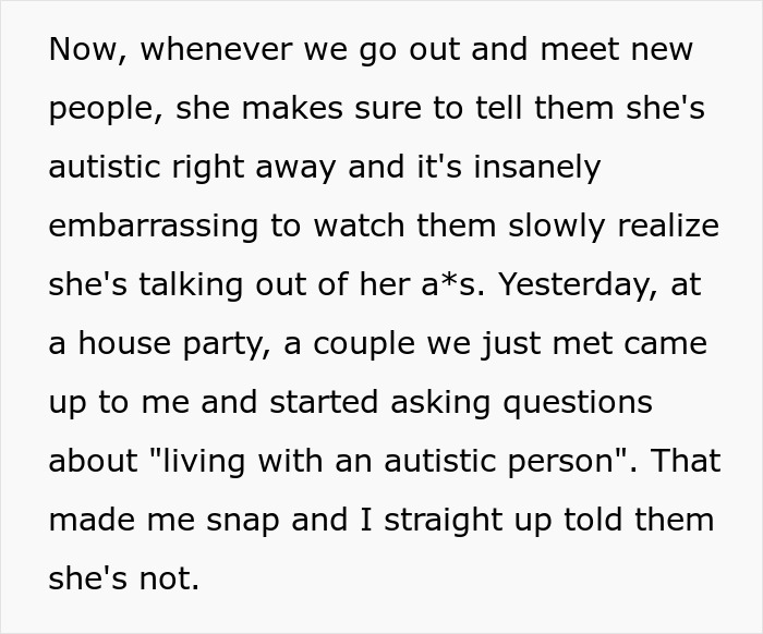 Text excerpt about a woman excusing her behavior with self-diagnosed autism causing frustration in her boyfriend. Text excerpt about a woman excusing her behavior with self-diagnosed autism causing frustration in her boyfriend.