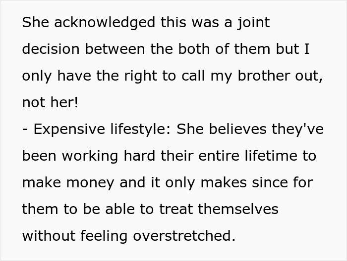 Screenshot of text about brother money wife family and expensive lifestyle choice Screenshot of text about brother money wife family and expensive lifestyle choice