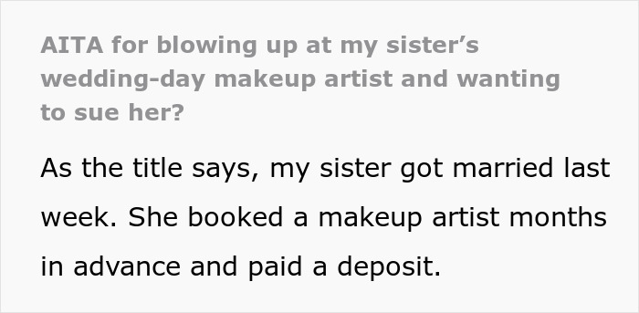Text excerpt discussing a wedding day makeup artist pretending to be sick for easy money causing conflict.