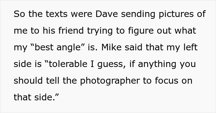Screenshot of secret texts revealing fiancé complaining about woman's appearance and worrying about wedding photos angles. Screenshot of secret texts revealing fiancé complaining about woman's appearance and worrying about wedding photos angles.