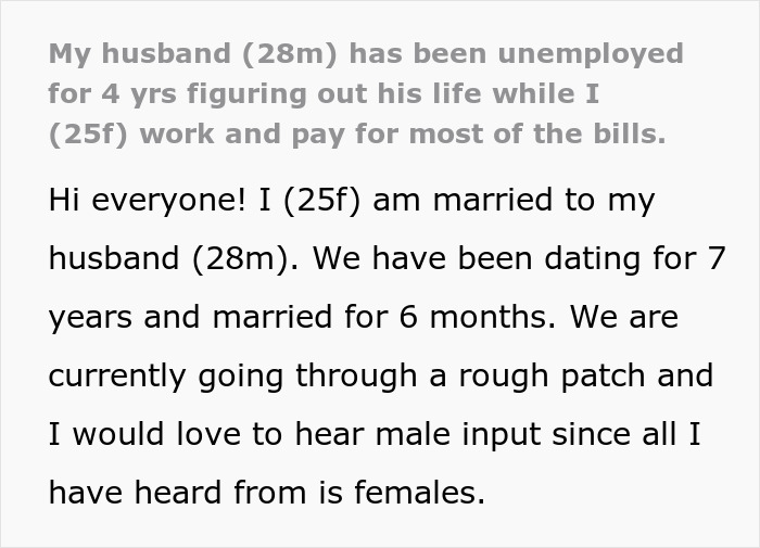 Young wife explains paying bills while her unemployed husband figures out his life during marriage challenges.